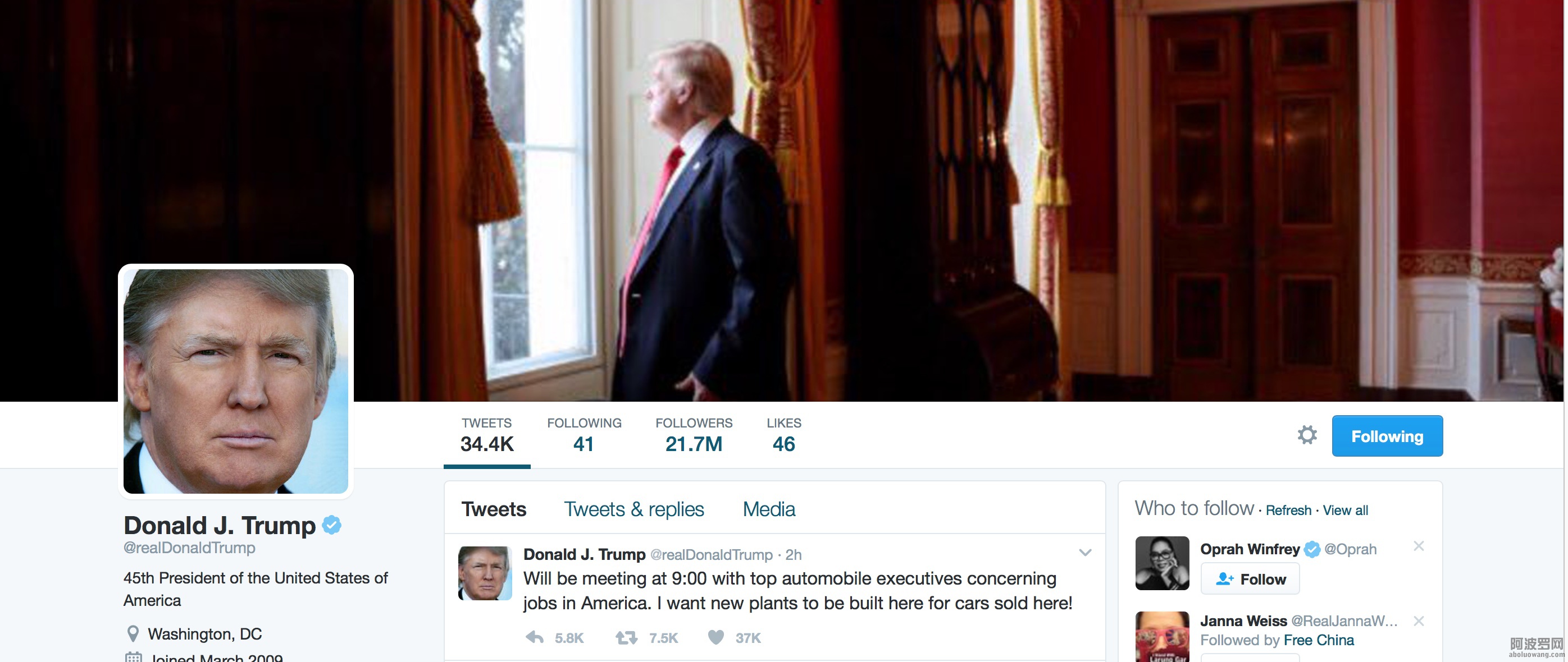 1月24日川普推特截圖顯示，他已經擁有2170萬推特粉絲，共發推文34400條。