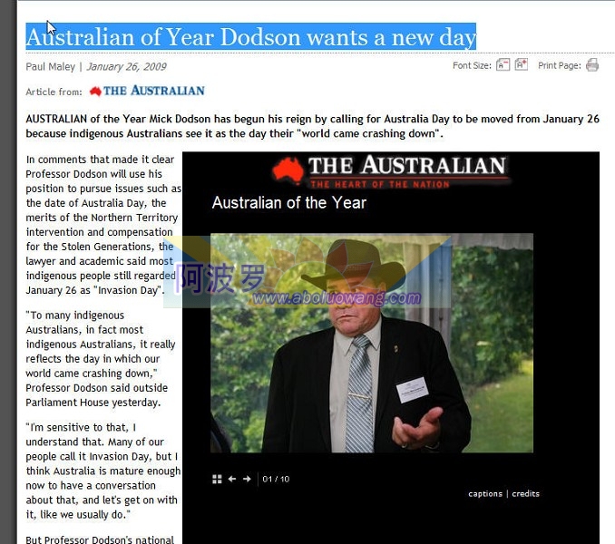 《澳大利亚人》报网站关于道森（Mick Dodson）教授主张澳洲国庆应改期的报导。 ...