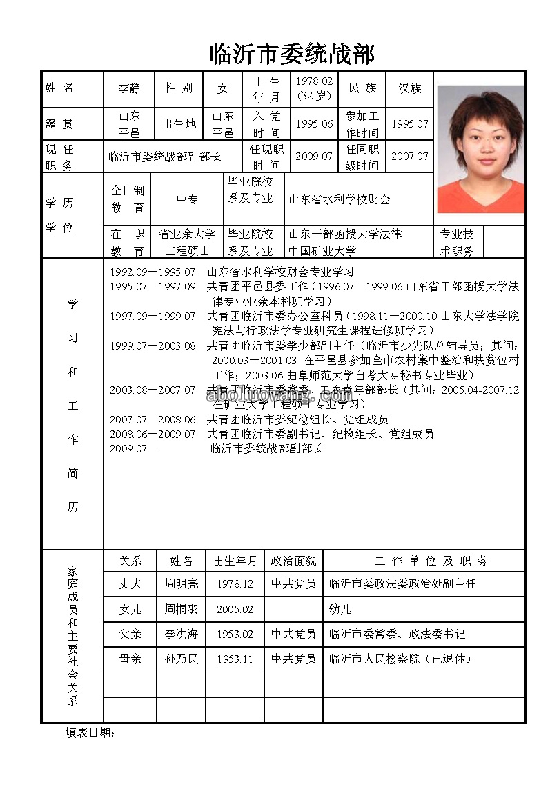 临沂市委常委李洪海的女儿李静的登记表