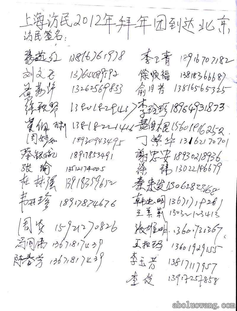 上海访民2012年拜年团到达北京签名单.jpg