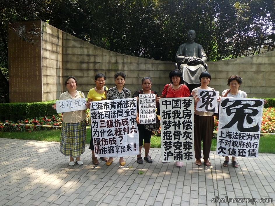 上海8访民在蔡元培铜像前举幅展冤